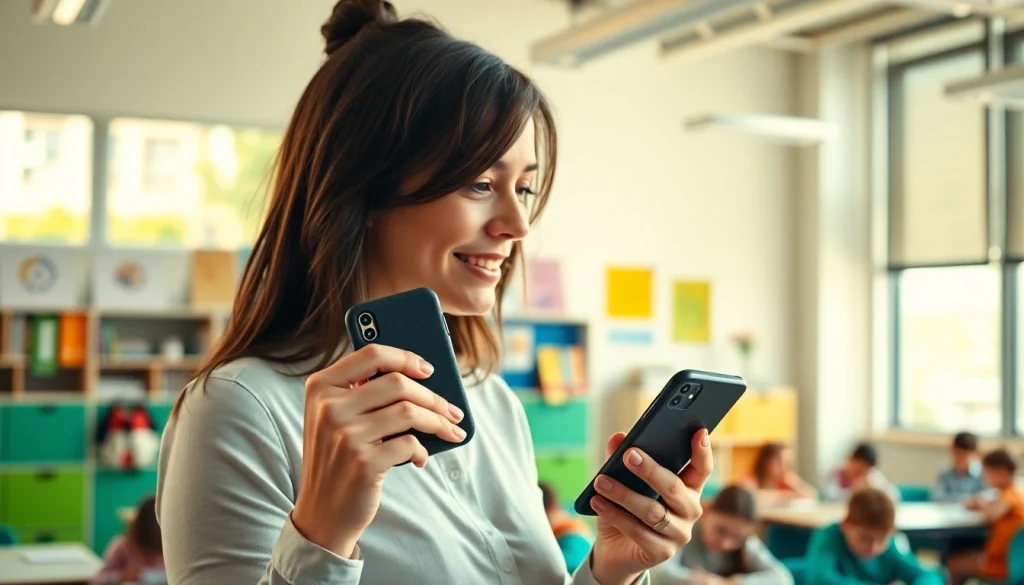 Handytasche Lehrer in einem Klassenzimmer, professioneller Lehrer nutzt das Smartphone.