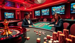 Players enjoying thrilling card games at TV88 casino with vibrant roulette tables and chips.