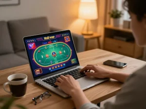 Engaging in a strategic rik vip poker game on a laptop in a cozy home setting.