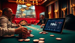 Engaging scene of high-stakes poker at f168 vip casino, showcasing vibrant chips and elegant players.