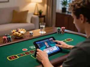 Player engaging with da88 online blackjack game on tablet in cozy home setting