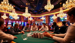 Players enjoying poker and slots at VB88.boston, showcasing excitement and luxury in online gambling.