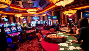 LUCK8 casino scene showcasing vibrant roulette tables and engaged players, exuding excitement.