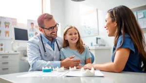 Orthodontics Edmonton: Caring orthodontist assisting a patient in a modern clinic.