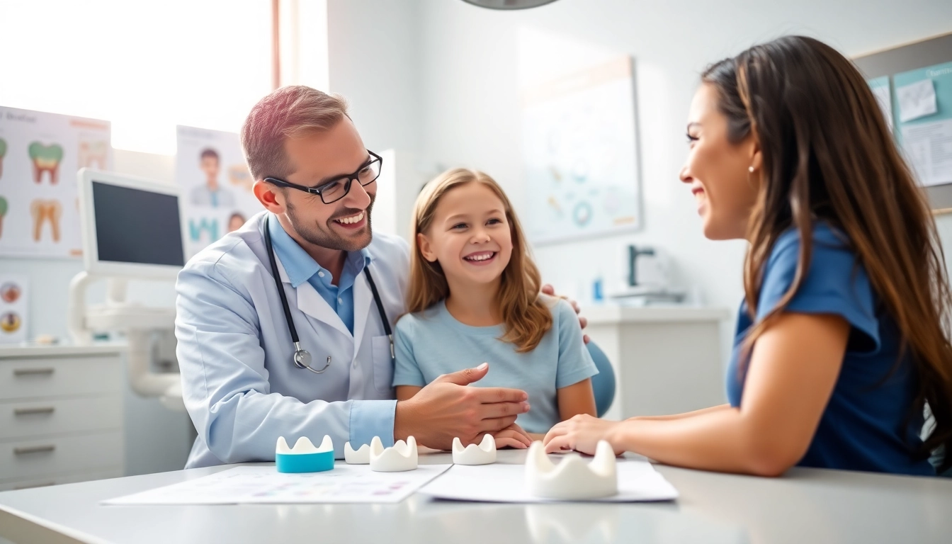 Orthodontics Edmonton: Caring orthodontist assisting a patient in a modern clinic.