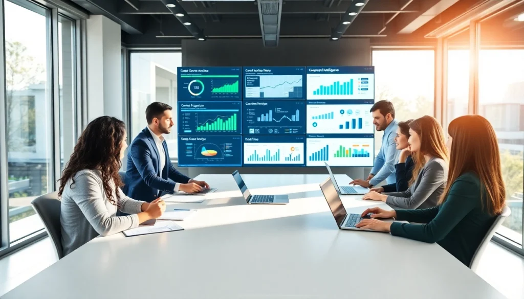 Engaging illustration of professionals discussing competitive intelligence faqs in a tech-driven office.