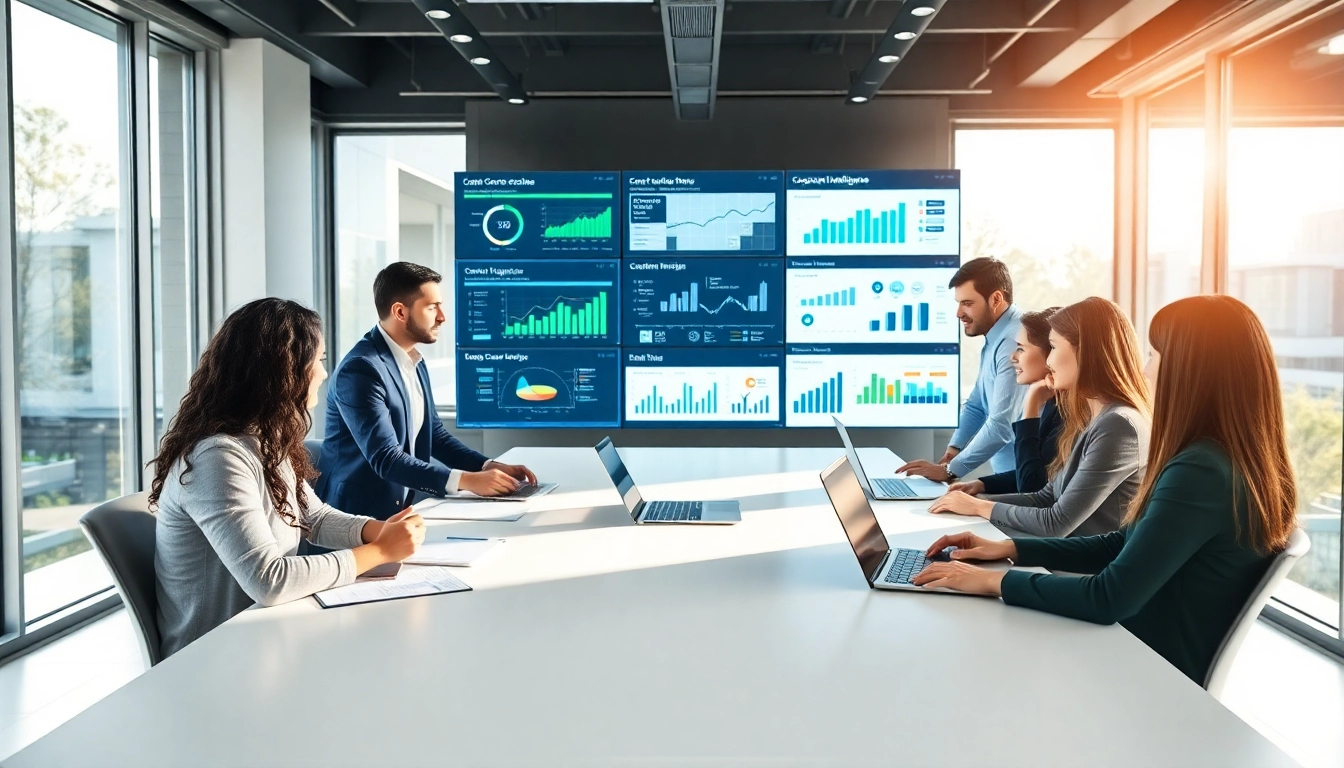 Engaging illustration of professionals discussing competitive intelligence faqs in a tech-driven office.