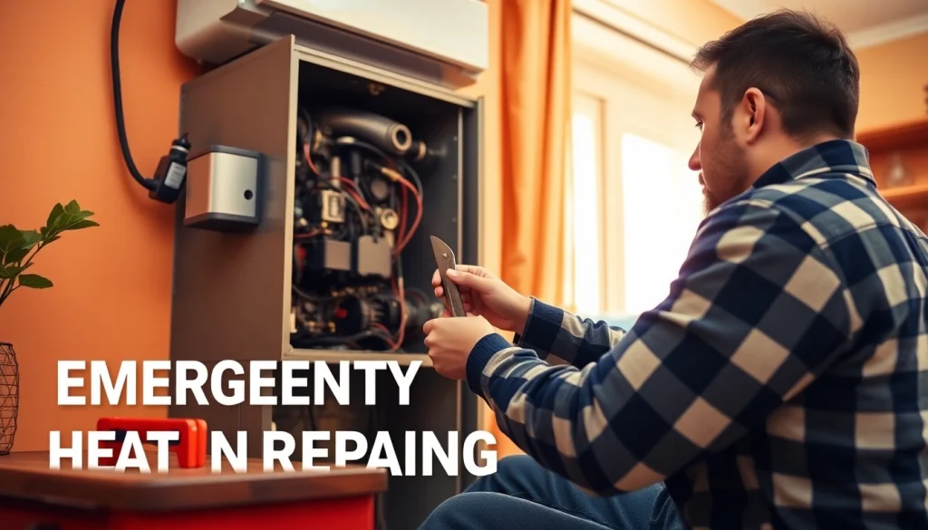 Technician providing emergency heating repair in a cozy residential living room.