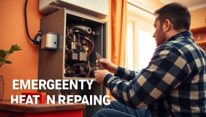 Technician providing emergency heating repair in a cozy residential living room.