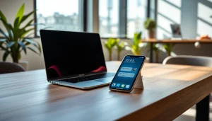 Użytkowanie iOS w nowoczesnym biurze z eleganckim zestawieniem urządzeń.