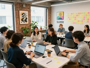 現代的なワークスペースでの合同会社SUMXのチームコラボレーション、クリエイティブなブレインストーミングの本質を捉えています。