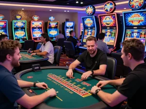 Experience the excitement of TG88 online casino gaming with vibrant players engaged at tables and slots.