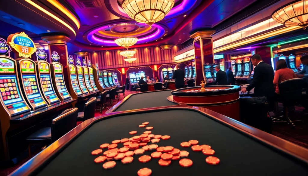 Players enjoying a thrilling game at the lucky88 casino table surrounded by vibrant slot machines.