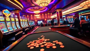 Players enjoying a thrilling game at the lucky88 casino table surrounded by vibrant slot machines.
