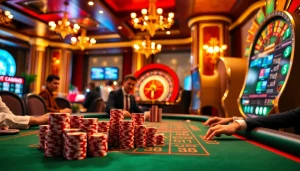 Exciting gambling scene at https://xx88.center/ featuring Baccarat, poker chips, and a roulette wheel.