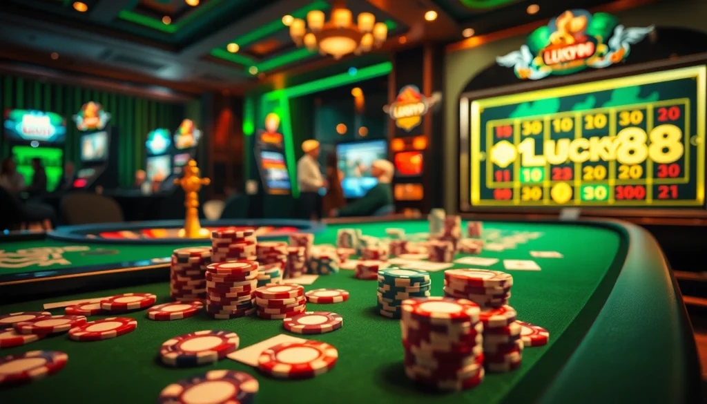 Experience the excitement of LUCKY88 with immersive casino games, poker chips, and dynamic gameplay.