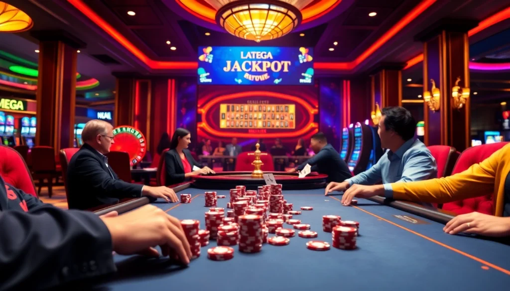 Mega casino excitement with players at a poker table and roulette wheel spinning.