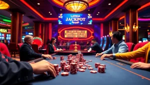 Mega casino excitement with players at a poker table and roulette wheel spinning.