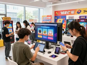 Sekelompok pembeli yang menarik menjelajahi situs permainan laoban188 dalam setelan e-commerce modern.