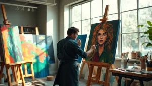 Image to prompt generation tool showcasing an artist creating vibrant artwork in a modern studio.