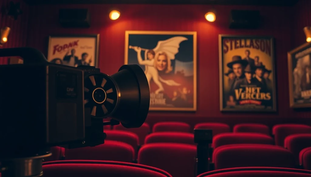 ดูหนัง ในห้องโรงภาพยนตร์ที่มีโปรเจคเตอร์และโปสเตอร์คลาสสิก
