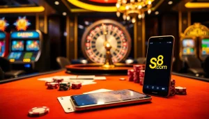 Experience thrilling play at s8.com with an engaging casino atmosphere highlighted by poker tables and vibrant chips.