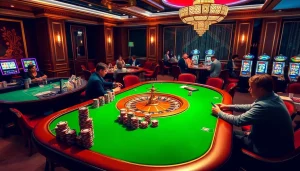 Vivez le frisson du casino en ligne avec des joueurs profitant du poker et de machines à sous vibrantes.