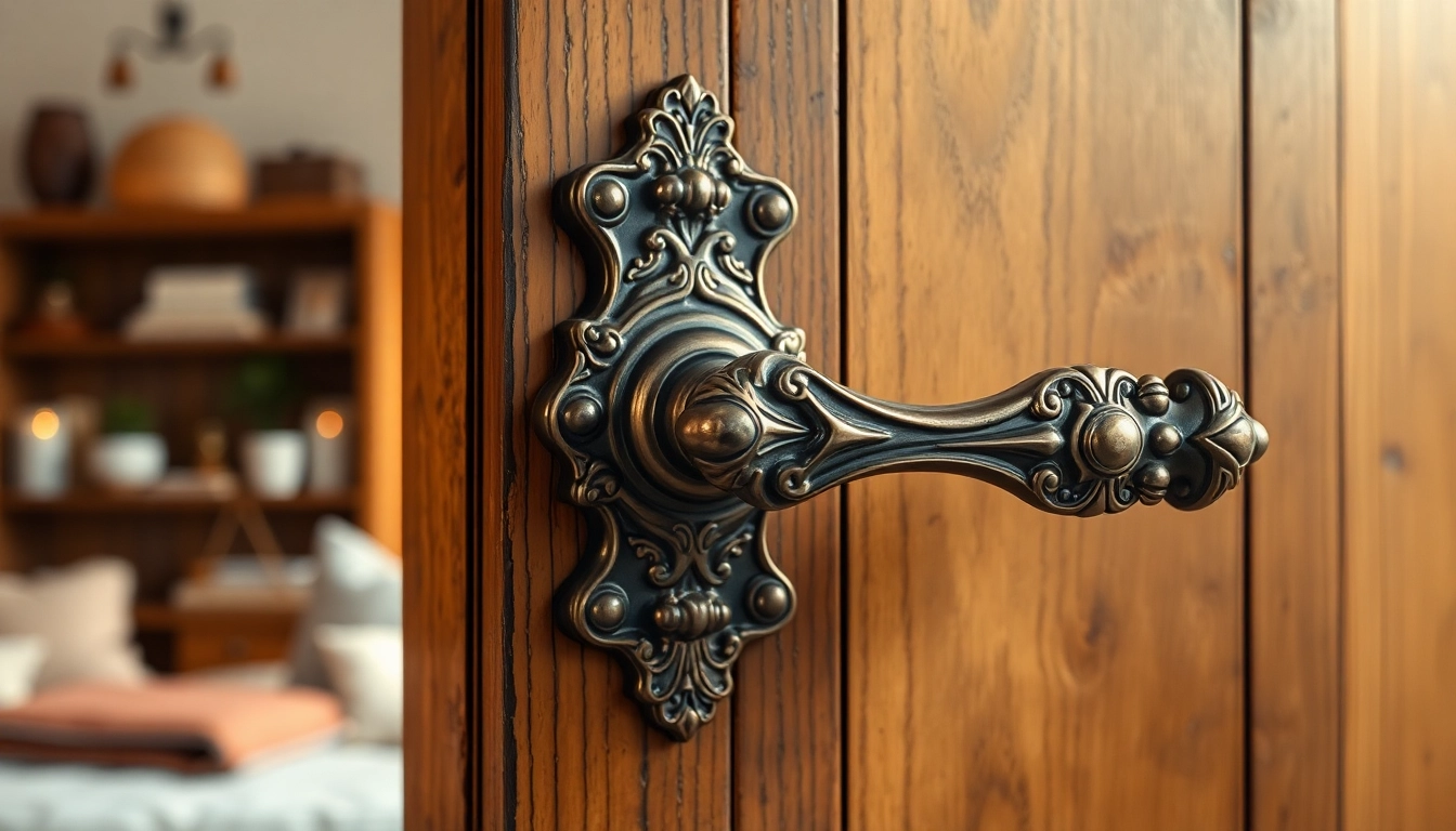 Elegant door handle beautifully showcased on a rustic wooden door, highlighting its intricate design.