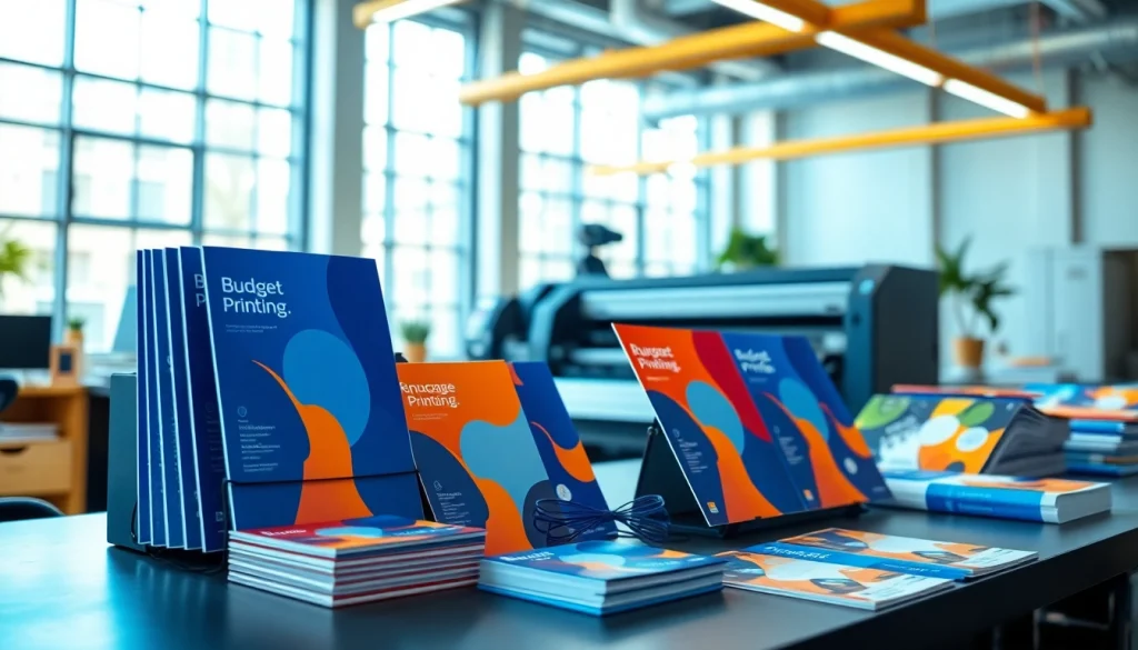 Highlighting budget printing options with colorful brochures and business cards in a modern workspace.