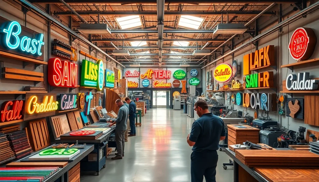 Craftsmen engaged in sign manufacturing, creating vibrant displays in a modern workshop.