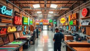 Craftsmen engaged in sign manufacturing, creating vibrant displays in a modern workshop.