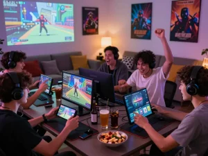 Players enjoying online gaming with autowin88 in a vibrant living room atmosphere.