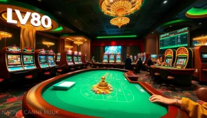 Players enjoying exciting LV88 casino games with vibrant casino elements like tables and slots.