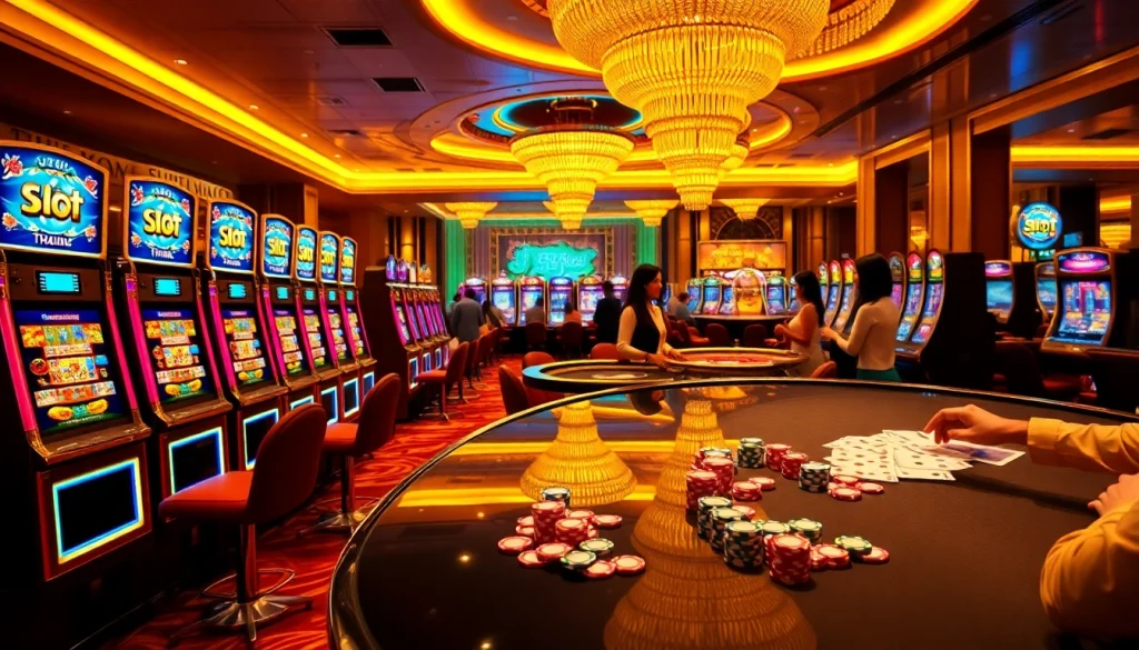 Mengundang pemain untuk bermain mesin slot Thailand terkemuka dengan desain yang berwarna-warni dan suasana yang hidup.