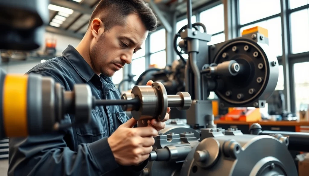 Ensure optimal hydraulic system maintenance with a skilled technician repairing machinery in a bright workshop.