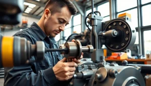 Ensure optimal hydraulic system maintenance with a skilled technician repairing machinery in a bright workshop.