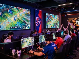 Ligasedayu esports tournament atmosphere with fans supporting their teams and players focused on competition.