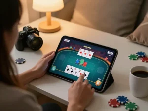 Player enjoying online gaming at spinaud casino on a tablet in a cozy home setting