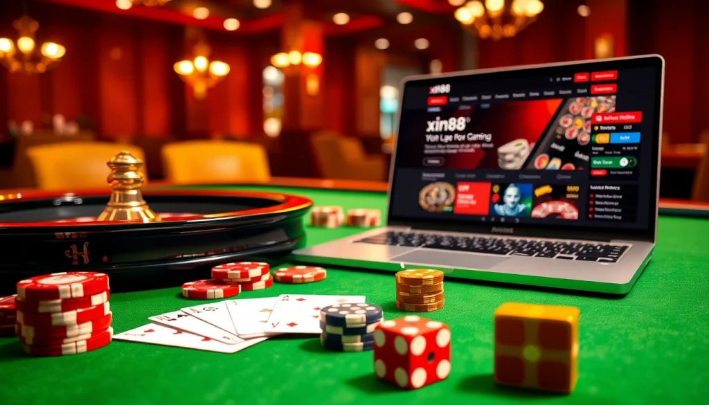 Exciting gambling scene showcasing xin88 poker chips and roulette wheel in a luxurious casino setting.