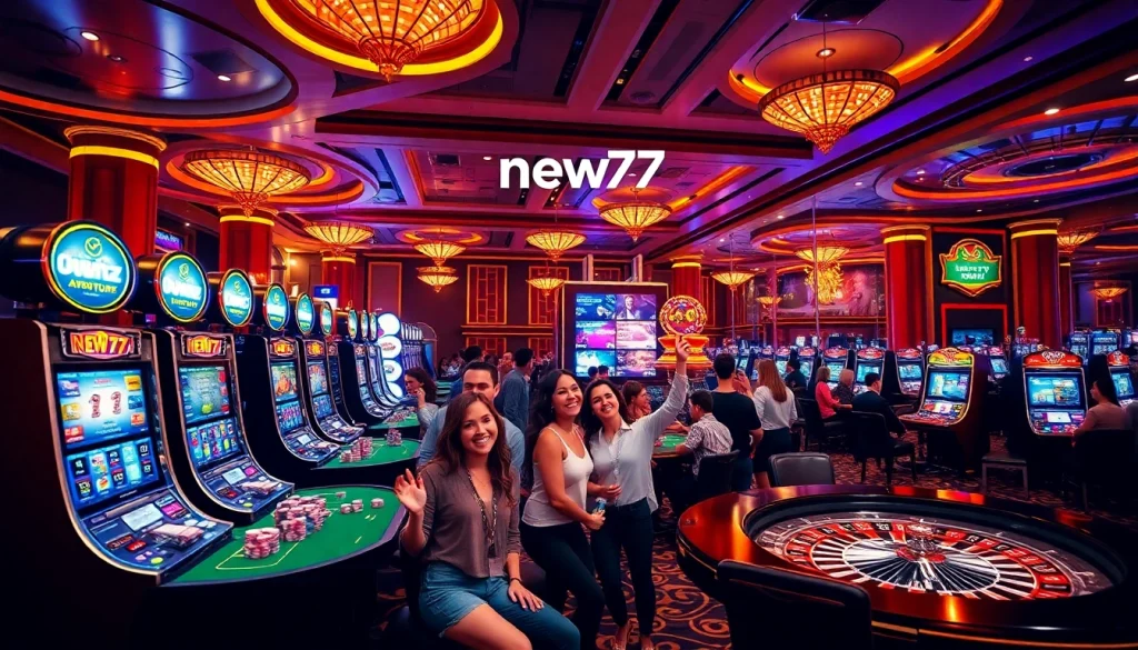 Experience thrilling games at new77's vibrant casino, filled with players at slot machines and roulette tables.