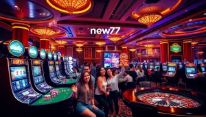 Experience thrilling games at new77's vibrant casino, filled with players at slot machines and roulette tables.