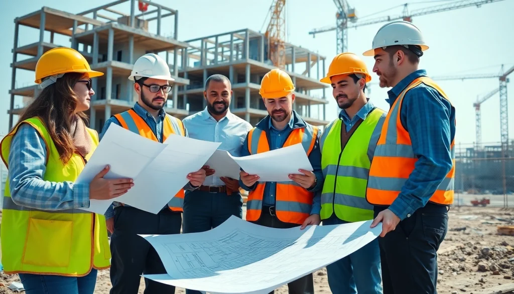 Construction quality management team analyzing project blueprints on a job site for improved results.