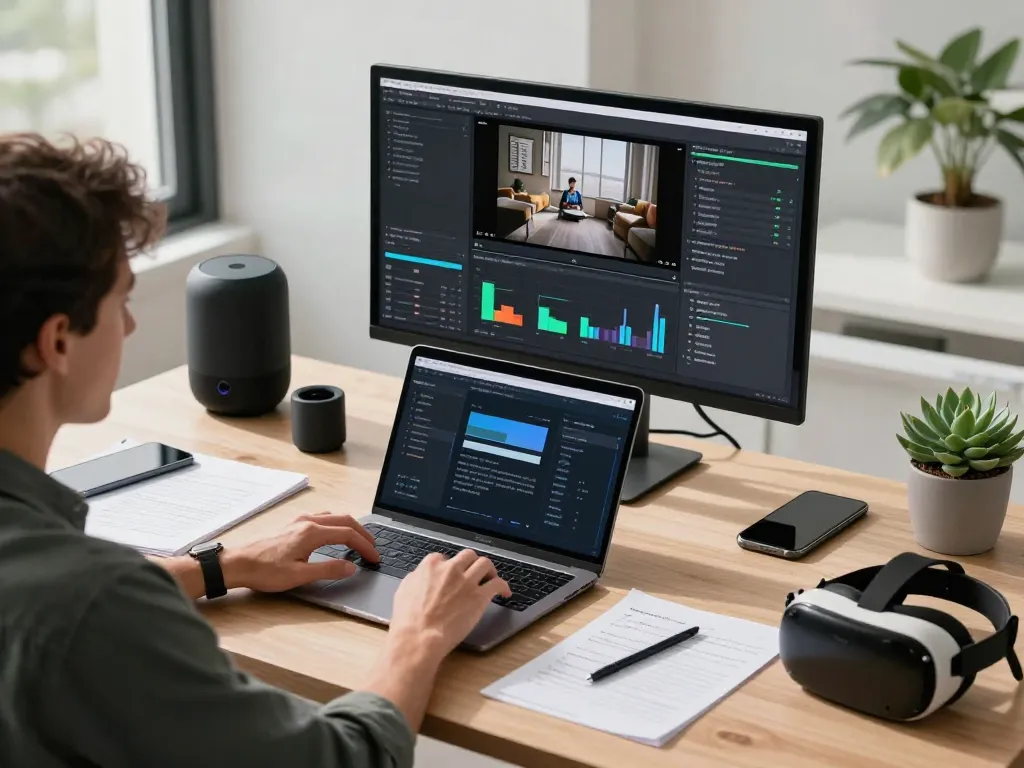 Video to prompt generator in a creative tech workspace with interactive screen and gadgets.