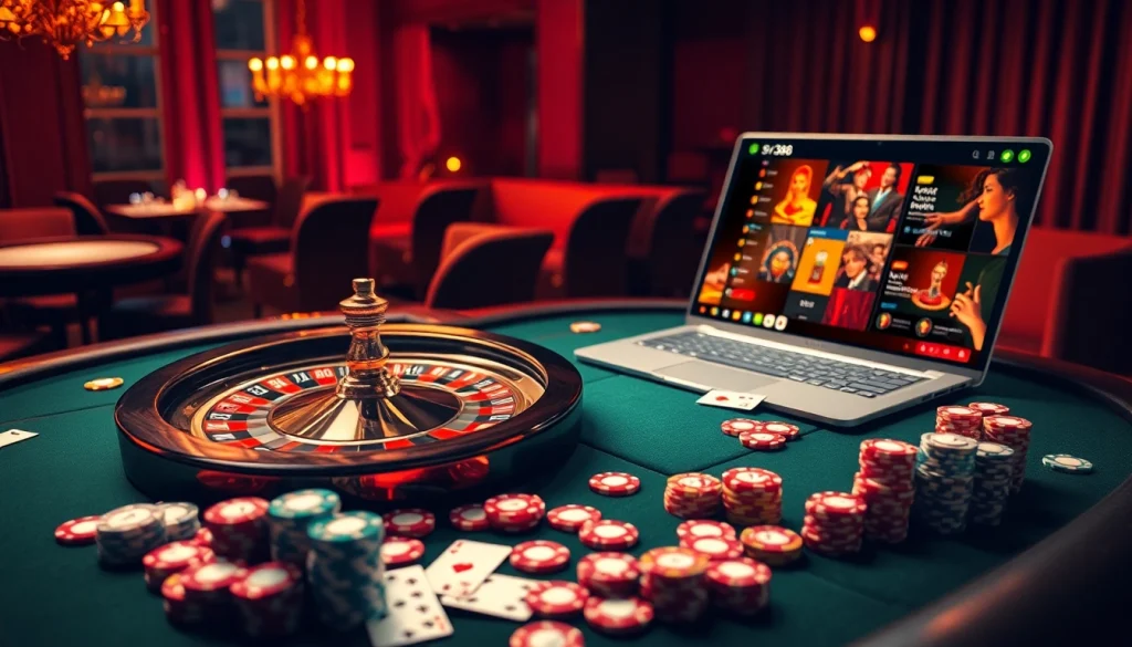 SV388 online casino experience with colorful chips and a roulette wheel in a vibrant scene.