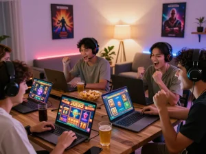 Pemain antusias menikmati permainan situs gacor di lingkungan rumah yang nyaman dengan laptop dan camilan.