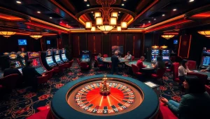 Petaruh merencanakan strategi di kasino mewah yang menampilkan elemen Utama4D di antara roda roulette berwarna-warni dan mesin slot.