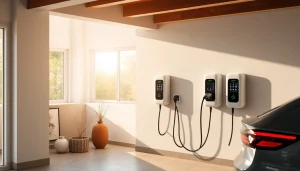 Showcasing EV Charging Installation with sleek chargers and a vehicle in a modern garage.