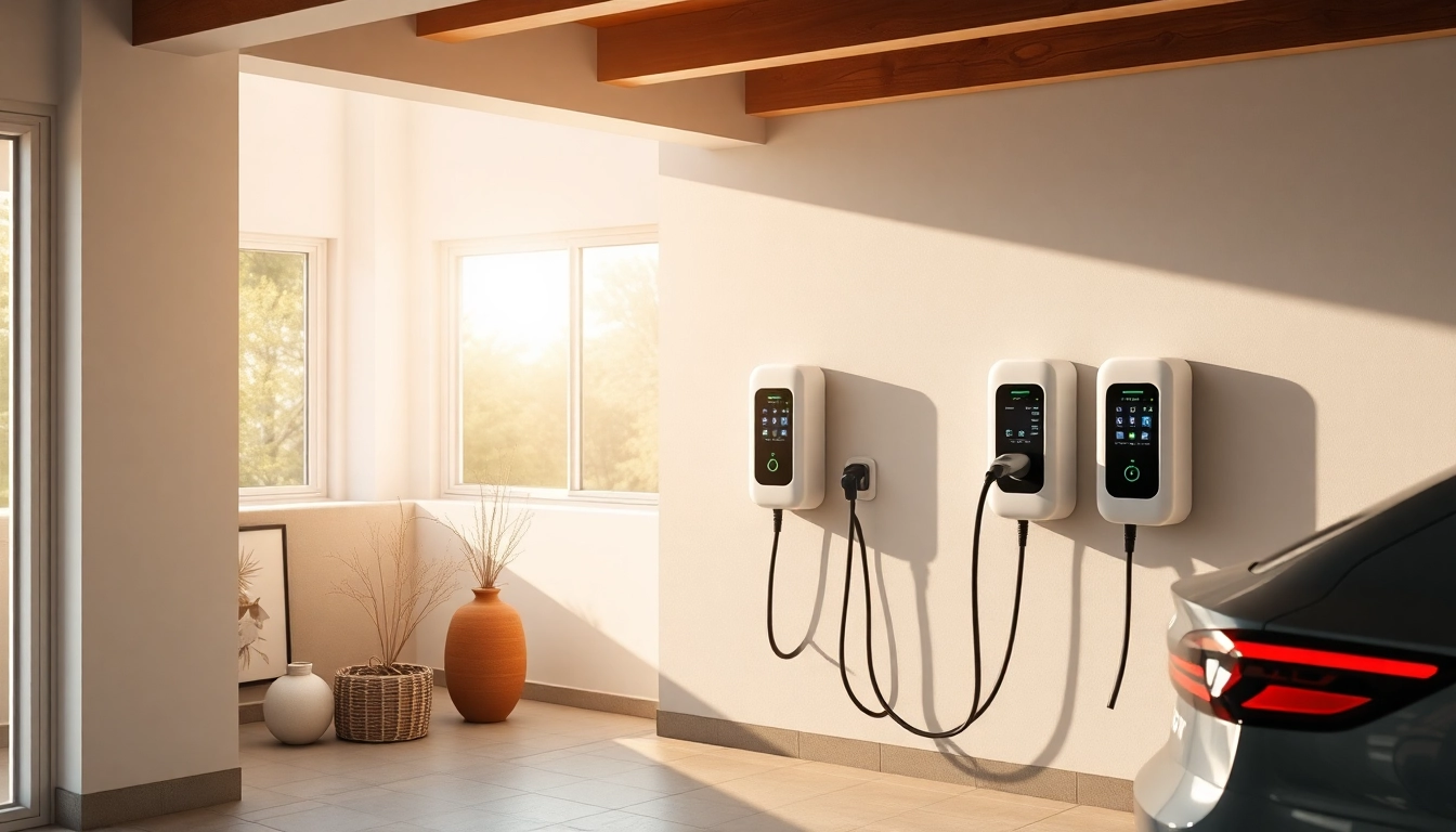 Showcasing EV Charging Installation with sleek chargers and a vehicle in a modern garage.
