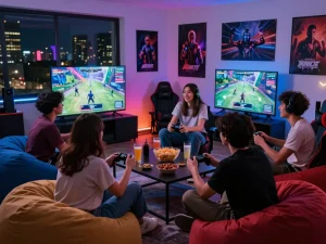 Engaging gaming session at ligasedayu.com with friends enjoying a multiplayer video game in a cozy setting.