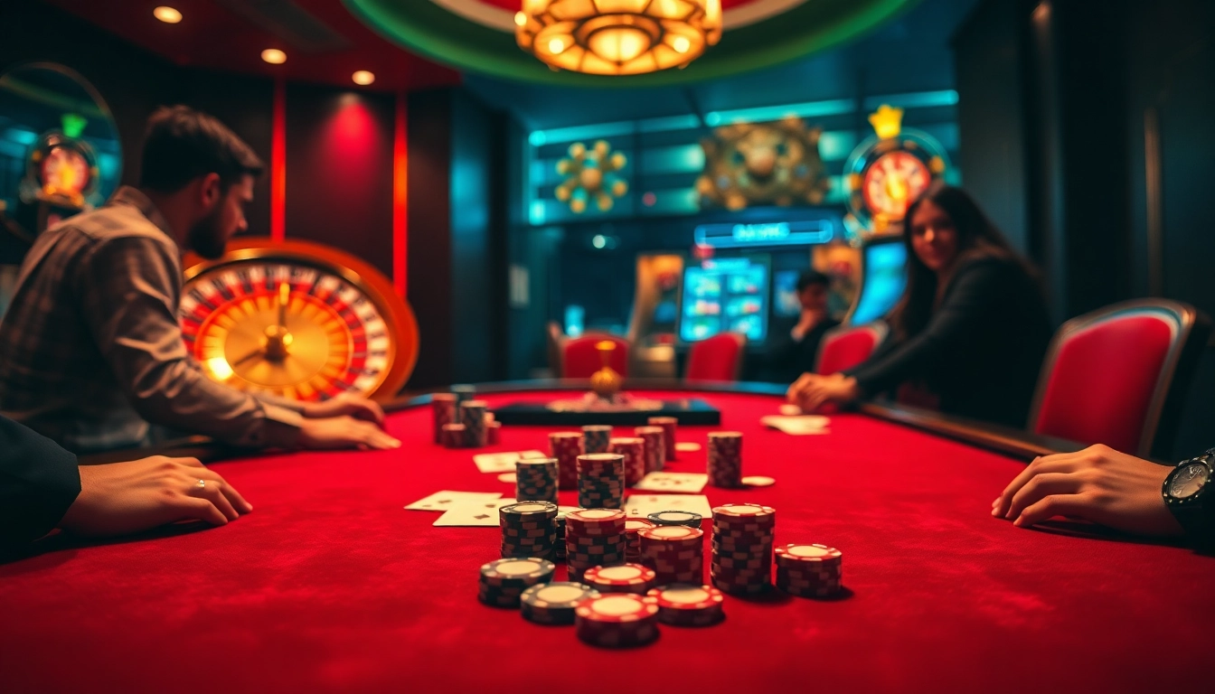 Intense gambling action at a luxurious casino table with DA88 elements showcasing poker excitement.